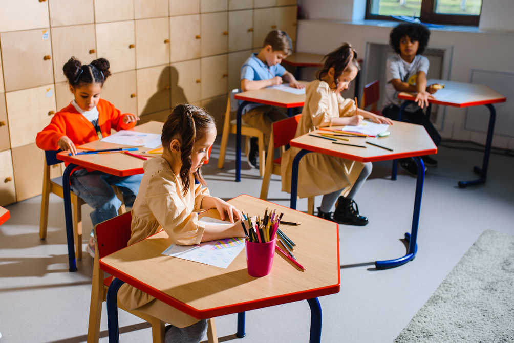 Children Sitting Inside Classroom Drawing